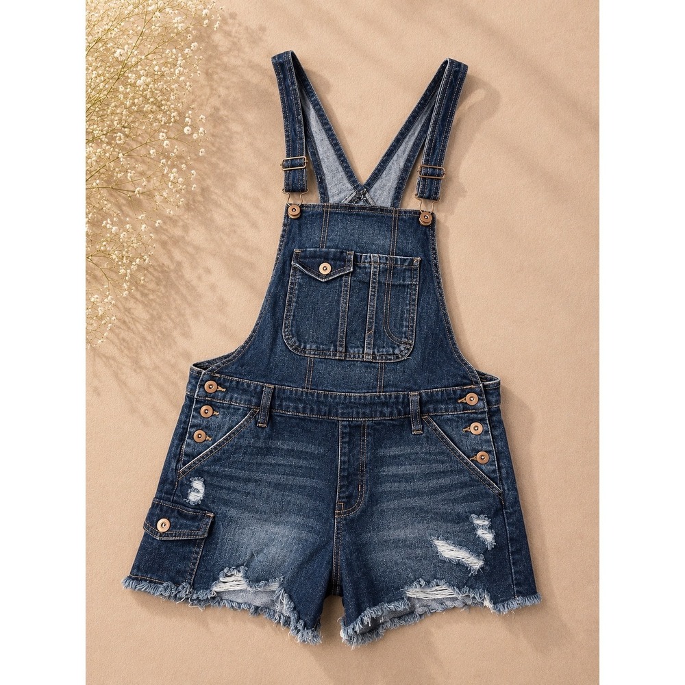 No Boundaries Womens Distressed Denim Shortalls Dark Wash Frayed Hem Size 11-13